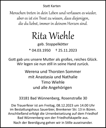 Traueranzeige von Rita Wiehle von Westfalen Blatt