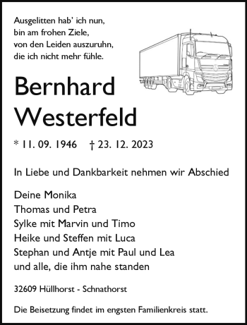 Traueranzeige von Bernhard Westerfeld von Westfalen Blatt