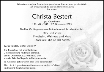 Traueranzeige von Christa Bestert von Westfalen Blatt