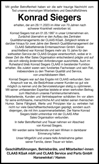 Traueranzeige von Konrad Siegers von Westfalen Blatt