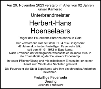 Traueranzeige von Herbert-Hans Hoenselaars von Westfalen Blatt