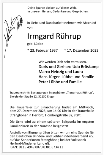 Traueranzeige von Irmgard Rührup von Westfalen Blatt