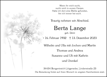 Traueranzeige von Berta Lange von Westfalen Blatt