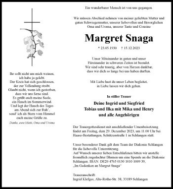 Traueranzeige von Margret Snaga von Westfalen Blatt