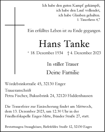 Traueranzeige von Hans Tanke von Westfalen Blatt