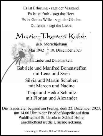 Traueranzeige von Marie-Theres Kube von Westfalen Blatt