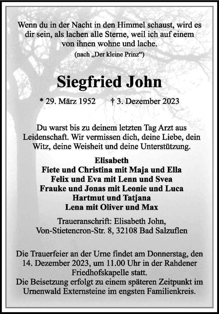  Traueranzeige für Siegfried John vom 09.12.2023 aus Westfalen Blatt