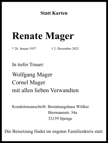 Traueranzeige von Renate Mager von Westfalen Blatt