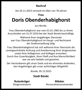 Traueranzeige von Doris Obenderhabighorst von Westfalen Blatt