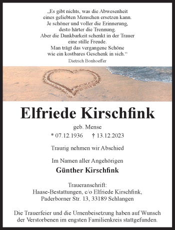 Traueranzeige von Elfriede Kirschfink von Westfalen Blatt