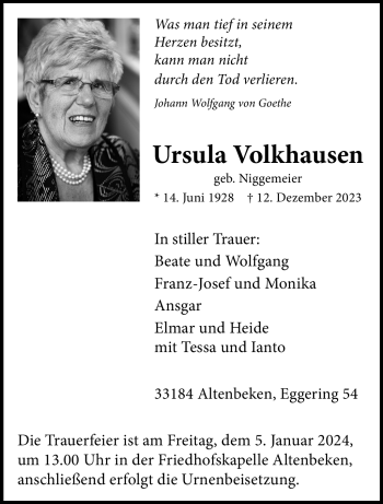 Traueranzeige von Ursula Volkhausen von Westfalen Blatt