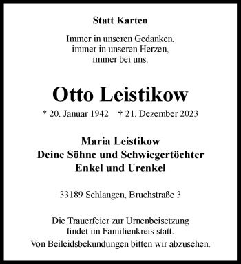 Traueranzeige von Otto Leistikow von Westfalen Blatt