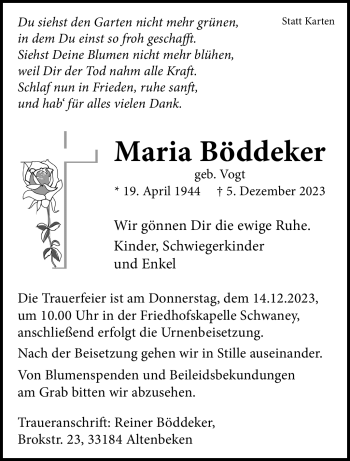 Traueranzeige von Maria Böddeker von Westfalen Blatt