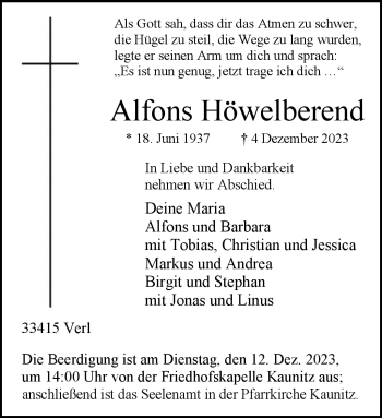 Traueranzeige von Alfons Höwelberend von Westfalen Blatt