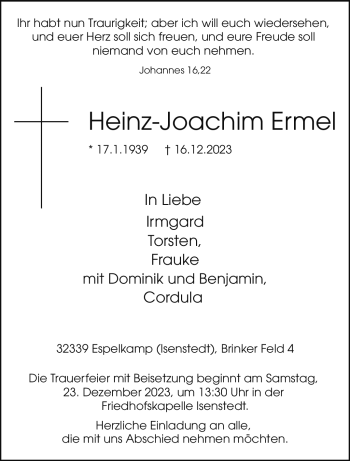 Traueranzeige von Heinz-Joachim Ermel von Westfalen Blatt