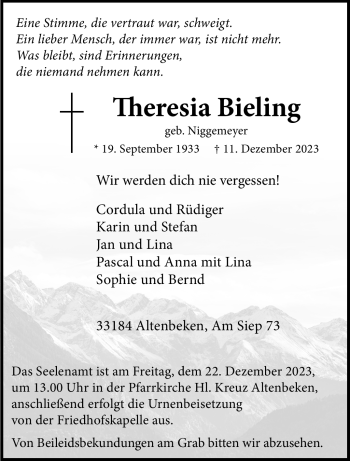 Traueranzeige von Theresia Bieling von Westfalen Blatt