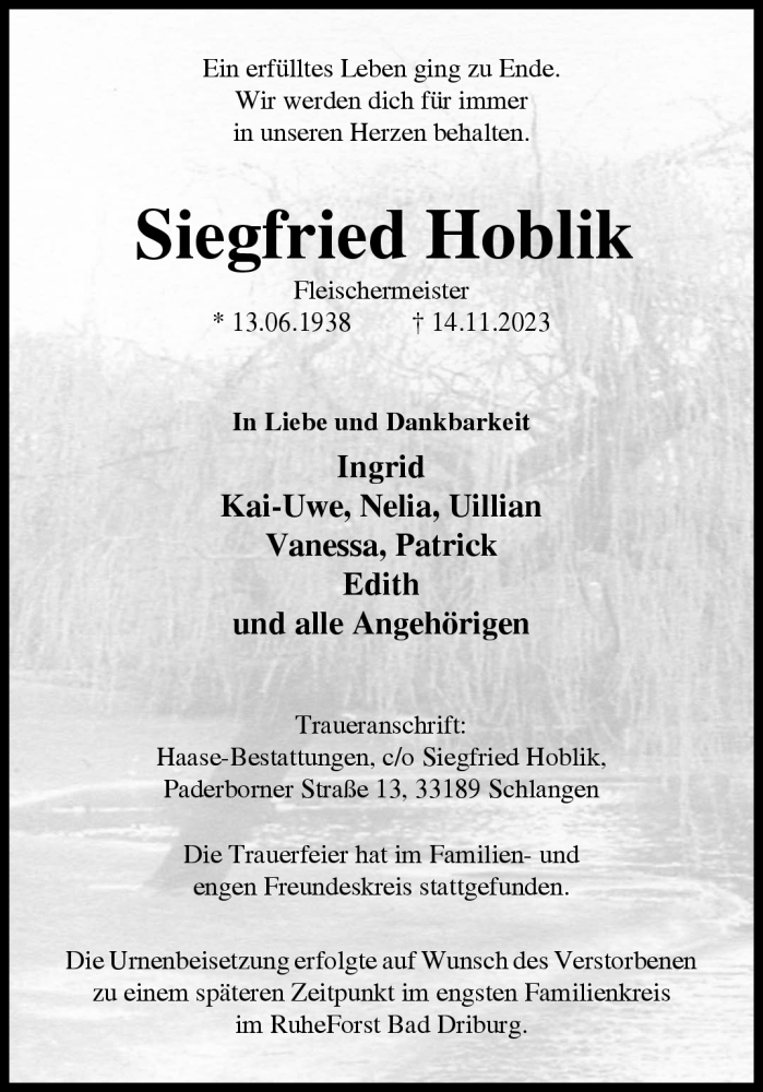  Traueranzeige für Siegfried Hoblik vom 29.11.2023 aus Westfalen Blatt