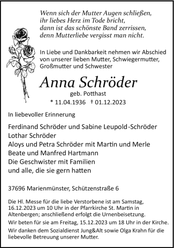 Traueranzeige von Anna Schröder von Westfalen Blatt