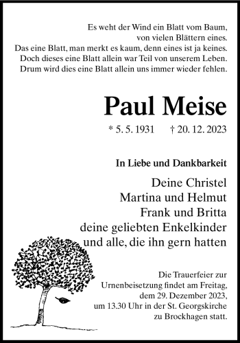 Traueranzeige von Paul Meise von Westfalen Blatt