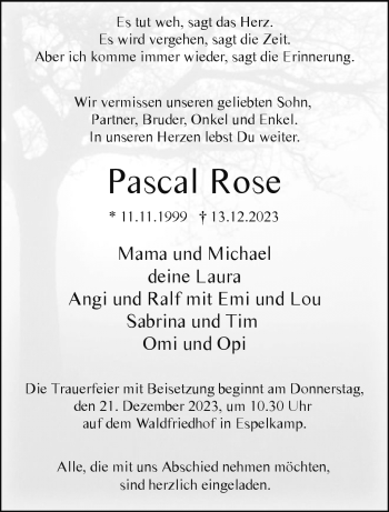 Traueranzeige von Pascal Rose von Westfalen Blatt