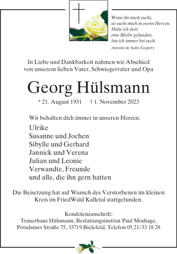 Traueranzeige von Georg Hülsmann von Westfalen Blatt