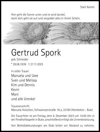 Traueranzeige von Gertrud Spork von Westfalen Blatt