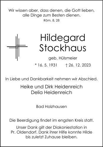 Traueranzeige von Hildegard Stockhaus von Westfalen Blatt