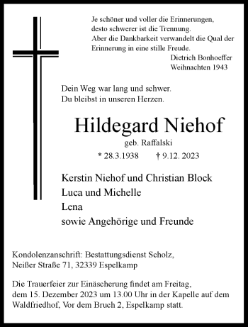 Traueranzeige von Hildegard Niehof von Westfalen Blatt