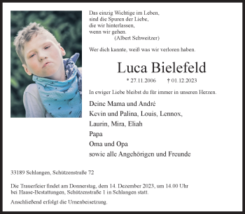 Traueranzeige von Luca Bielefeld von Westfalen Blatt