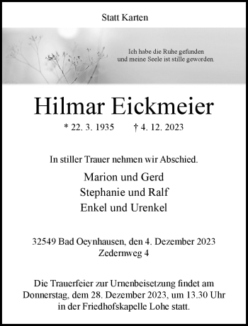 Traueranzeige von Hilmar Eickmeier von Westfalen Blatt