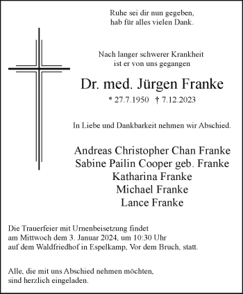 Traueranzeige von Dr. med. Jürgen Franke von Westfalen Blatt