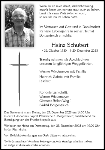 Traueranzeige von Heinz Schubert von Westfalen Blatt