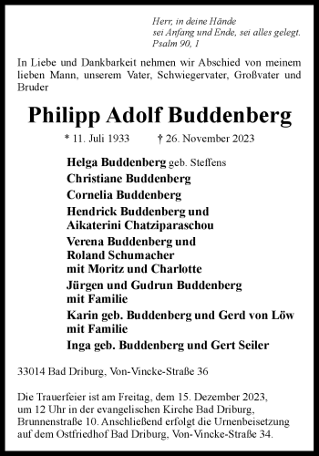 Traueranzeige von Philipp Adolf Buddenberg von Westfalen Blatt