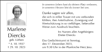 Traueranzeige von Marlene Diercks von Westfalen Blatt