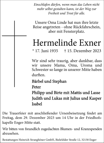 Traueranzeige von Hermelinde Exner von Westfalen Blatt