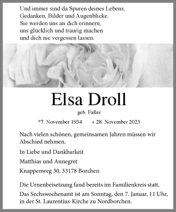 Traueranzeige von Elsa Droll von Westfalen Blatt