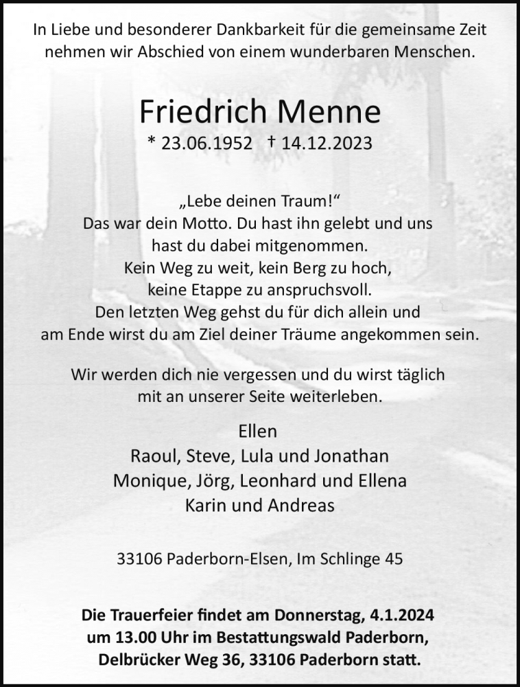  Traueranzeige für Friedrich Menne vom 23.12.2023 aus Westfalen Blatt