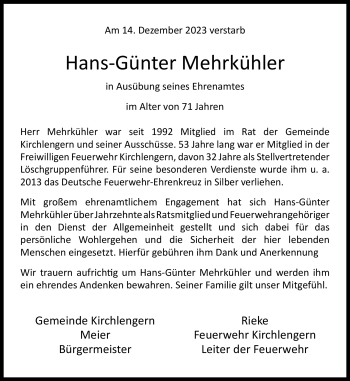 Traueranzeige von Hans-Günter Mehrkühler von Westfalen Blatt