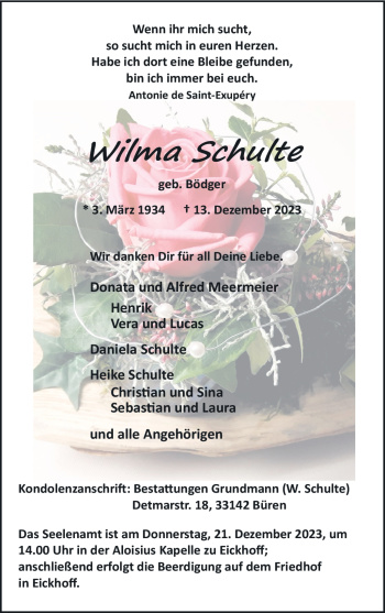 Traueranzeige von Wilma Schulte von Westfalen Blatt