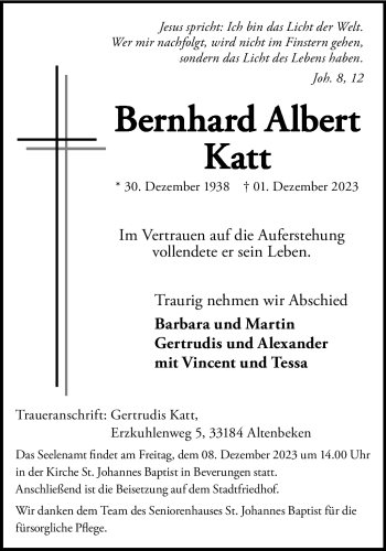 Traueranzeige von Bernhard Albert Katt von Westfalen Blatt