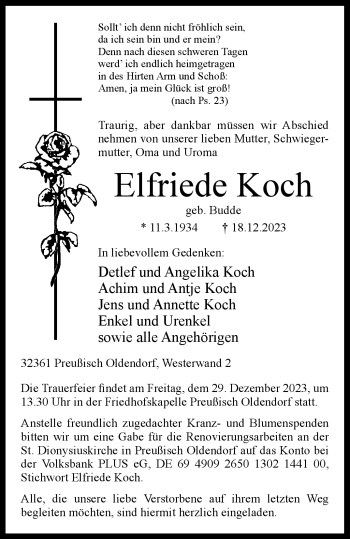 Traueranzeige von Elfriede Koch von Westfalen Blatt