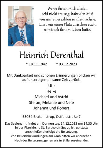 Traueranzeige von Heinrich Derenthal von Westfalen Blatt