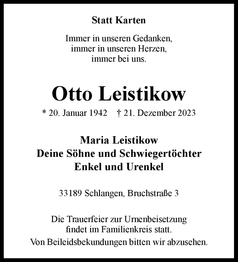  Traueranzeige für Otto Leistikow vom 28.12.2023 aus Westfalen Blatt