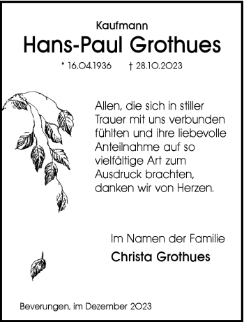 Traueranzeige von Hans-Paul Grothues von Westfalen Blatt