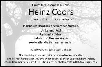 Traueranzeige von Heinz Coors von Westfalen Blatt