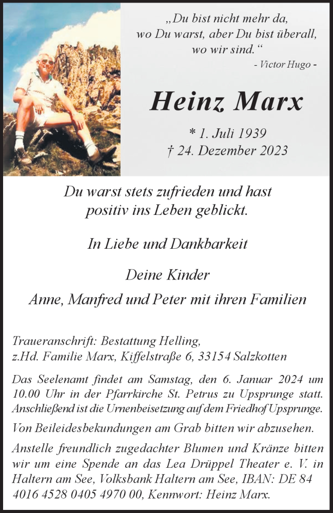  Traueranzeige für Heinz Marx vom 30.12.2023 aus Westfalen Blatt