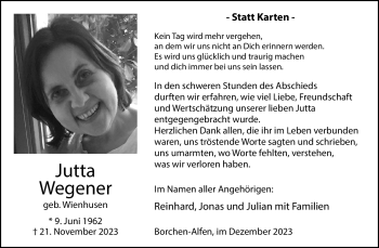 Traueranzeige von Jutta Wegener von Westfalen Blatt