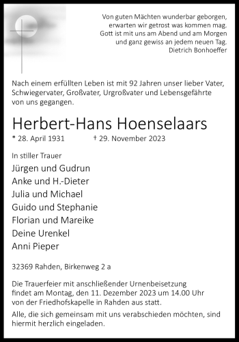 Traueranzeige von Herbert-Hans Hoenselaars von Westfalen Blatt