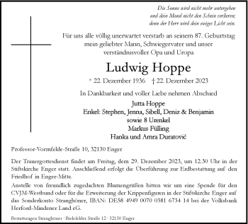 Traueranzeige von Ludwig Hoppe von Westfalen Blatt