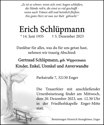 Traueranzeige von Erich Schlüpmann von Westfalen Blatt